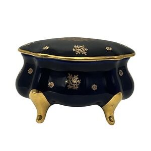 VINTAGE LIMOGES FRANCE CASTEL COBALT BLUE 22K GOLD OVAL PORCELAIN TRINKET BOX